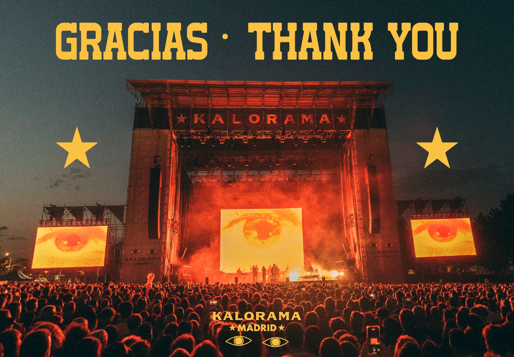 Escenario del KALORAMA Madrid 2024 con texto que dice "GRACIAS - THANK YOU"