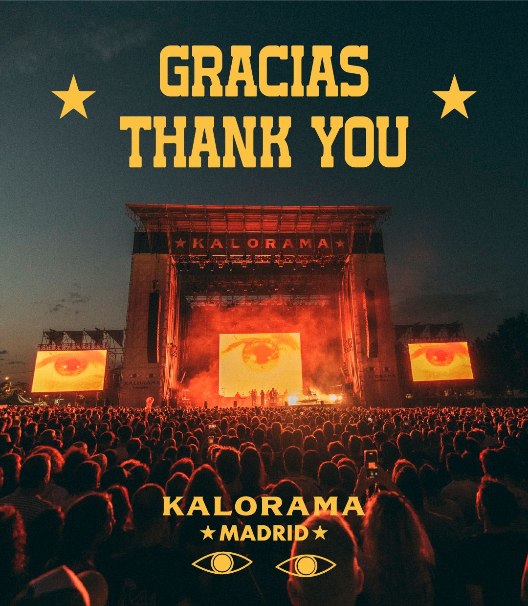 Escenario del KALORAMA Madrid 2024 con texto que dice "GRACIAS - THANK YOU"